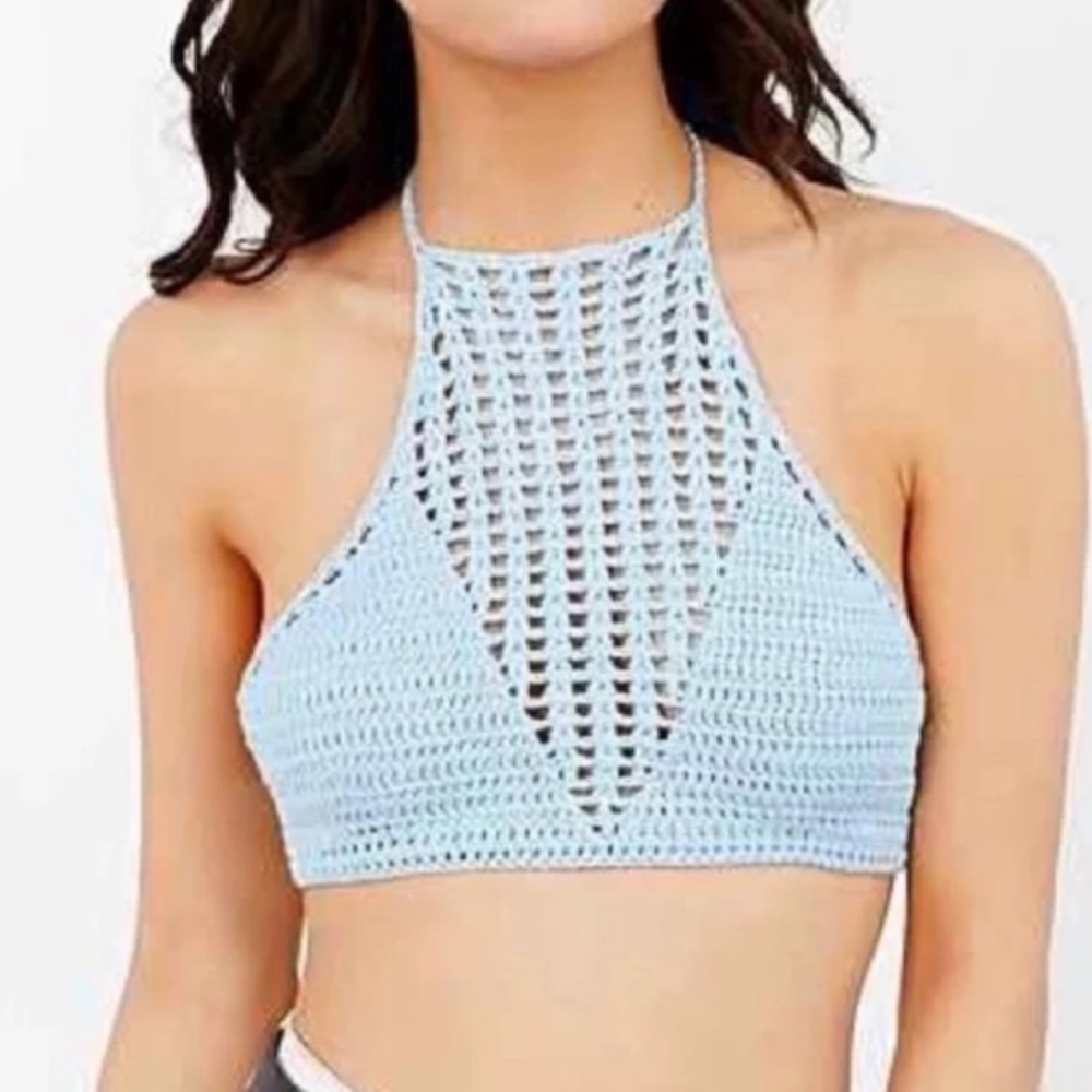 UNIF x Urban Outfitters UO Crochet Blue High Neck Tie Halter Knit Crop Top L